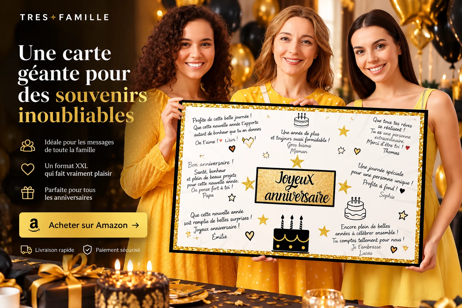 Trois femmes souriantes présentant une carte d’anniversaire géante XXL dans une ambiance festive noir et or