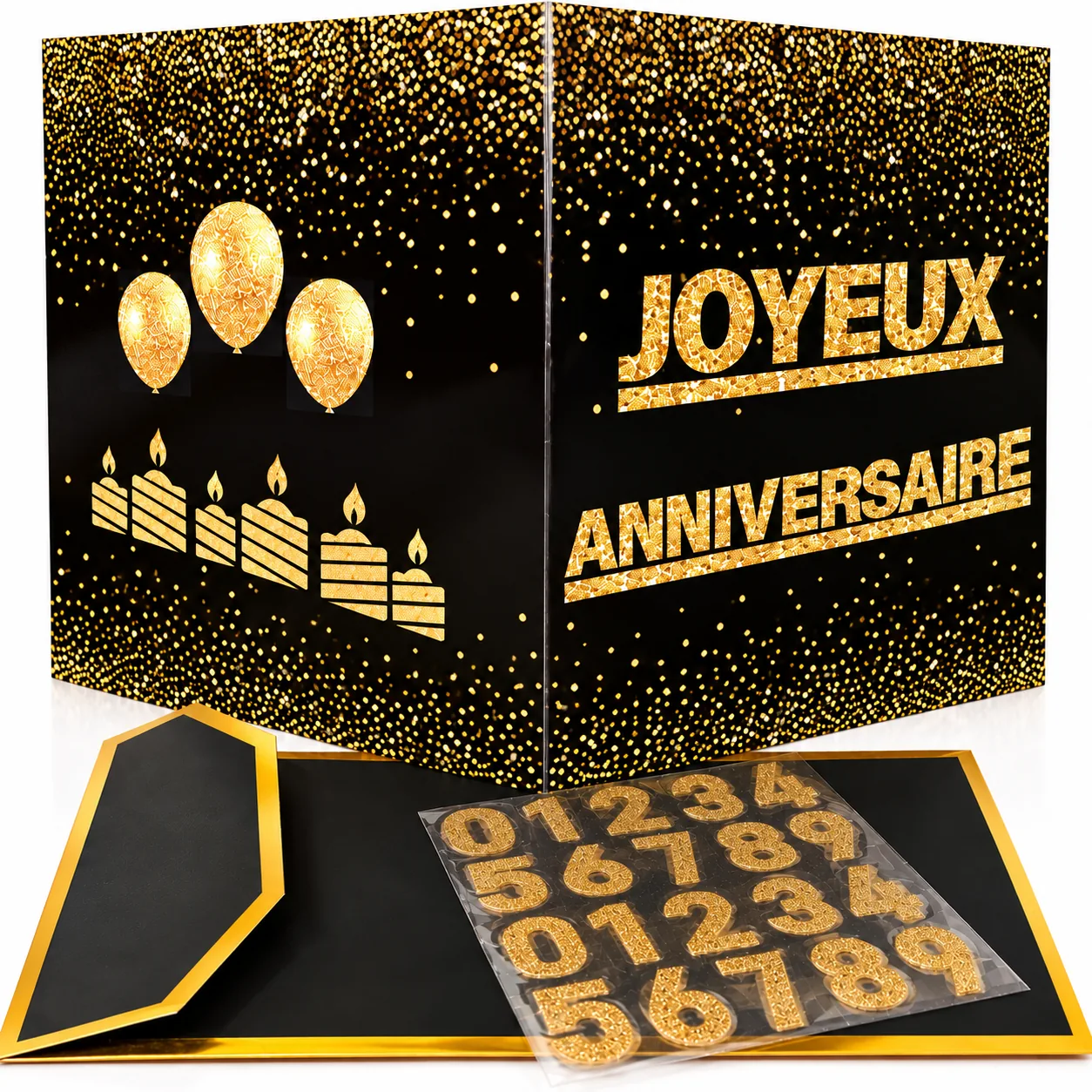 Présentation studio de la carte anniversaire XXL avec ses accessoires